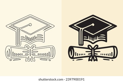 Graduierungskappe: verschiedene Stilsymbolsätze. Linie, Glyphe und gefüllte Umrissversion, Umriss und ausgefülltes Vektorzeichen. Symbol, Logo-Abbildung. Vektorgrafik
