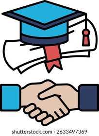 A graduation cap and diploma are being exchanged between two people. Concept of a successful academic achievement and the importance of networking and building relationships in the professional world