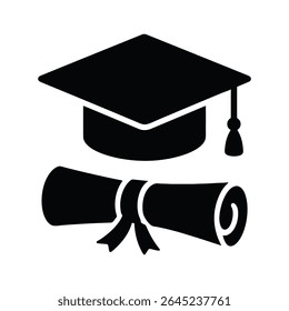 Graduation Cap and Diploma Black Silhouette Icon