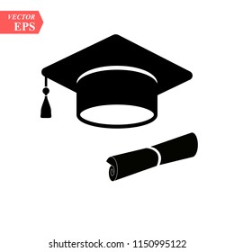 graduation cap and diploma black web icon. vector illustration eps10