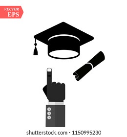 graduation cap and diploma black web icon. vector illustration. A hand pointing to graduation cap icon. eps10