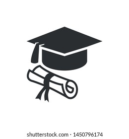 Graduation cap and diploma black web icon