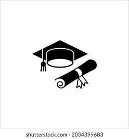 graduation cap and diploma black web icon. vector illustration on white background. color editable