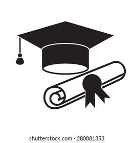 Graduation cap and diploma black web icon. Higher educational isolated symbol