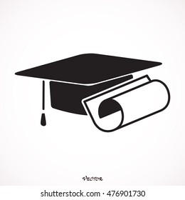 graduation cap and diploma black web icon. vector illustration