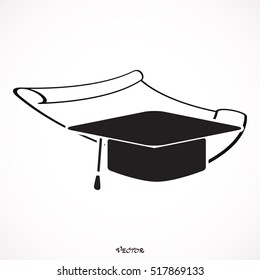 graduation cap and diploma black web icon. vector illustration
