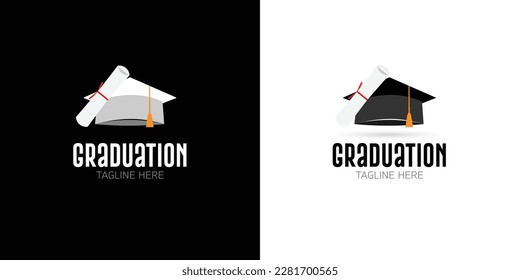 Graduation cap and diploma blackand white logo web icon. vector illustration