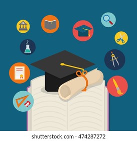 graduation cap diploma book back to shool education  icon set. Colorful and flat design. Vector illustration