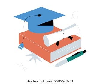 Graduation Cap, Diploma, And Book In Flat Vector Illustration Symbolizing Higher Education, Knowledge, And Academic Success, Isolated On White Background