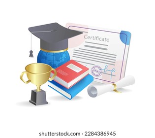 Título de graduación, diploma, libros y trofeo. Ilustración del vector