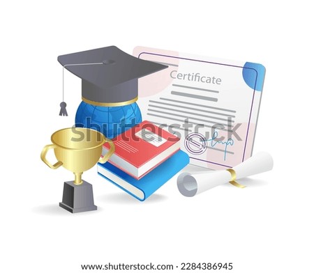 Graduation cap, diploma, books and trophy. Vector illustration