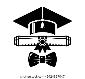 Graduation cap, diploma  and bow tie. Black vector web icon on transparent background