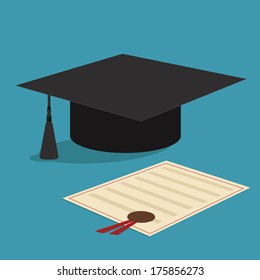 graduation cap and diploma certificate colorful flat style vector illustration