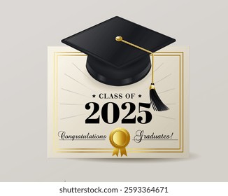 Graduation cap and diploma certificate design for class of 2025 with celebratory elements and elegant color scheme. Class of 2025 vector illustration design template. Congratulations graduates design.