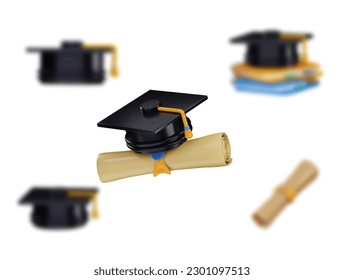 graduation cap and Diploma certificate icon 3d rendering vector illustration set