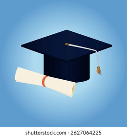 Graduation cap and diploma certificate on blue background vector