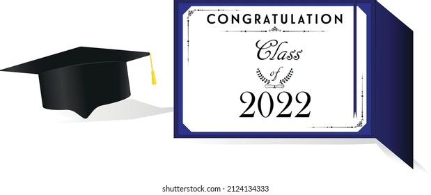 Graduation Cap and Diploma. Class of 2022 graduation diploma folder.