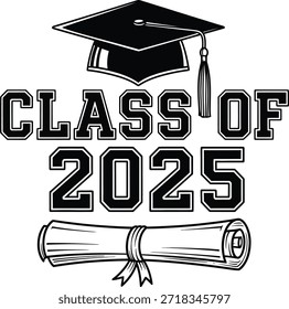 Graduation cap diploma class of 2025 vector illustration for college university and school success