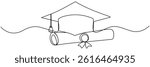 Graduation cap and diploma continuous line drawing. Education line concept. Student graduate symbols. Vector illustration isolated on white.