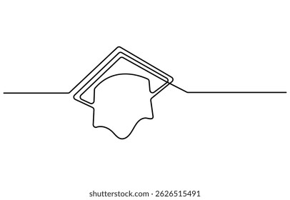 Boné de graduação e diploma contínuo um desenho de linha. desenhado à mão ilustração vetor de arte de linha de chapéu de graduação, sinal de graduação da universidade fundo branco isolado.