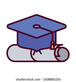 Graduation cap and diploma design, University education school college academic ceremony degree and student theme Vector illustration