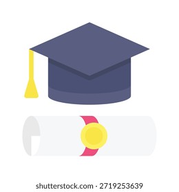Graduation Cap Diploma Education Vector Illustration, Flat Style Icon.