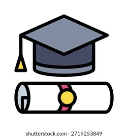 Ilustración vectorial de Educación del diploma del casquillo de la graduación, icono lleno del estilo.
