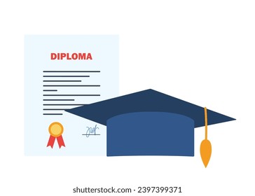 Graduation cap and diploma. Finish education symbol. Graduation day celebration element. Vector illustration