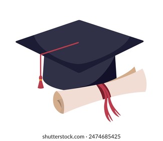 Graduation Cap and Diploma - flat vector illustration.