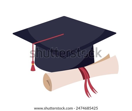 Graduation Cap and Diploma - flat vector illustration.