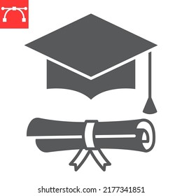 Graduation Cap And Diploma Glyph Icon, School And Education, Graduation Hat Vector Icon, Vector Graphics, Editable Stroke Solid Sign, Eps 10.