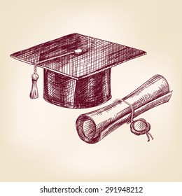 Graduation Cap And Diploma Hand Drawn Vector Llustration Realistic Sketch