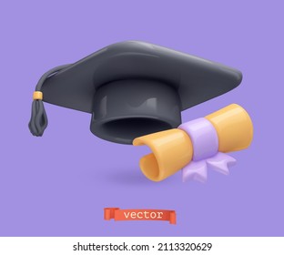 Graduation cap and diploma icon. 3d vector render object