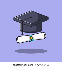 Graduation cap and diploma icon flat style cartoon illustration. The education concept icon isolated.  Graduate ceremony high school, college, and university.