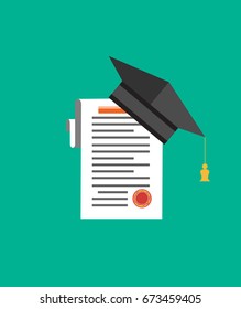 Graduation cap and diploma. Icon in a flat design. Vector illustration