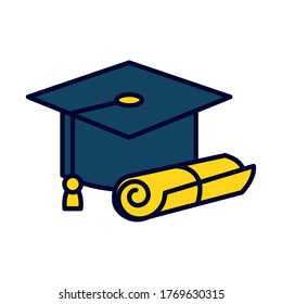 graduation cap and diploma icon over white background, line and fill style, vector illustration