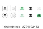 Graduation cap diploma icon set designed in solid line dot pixelated colourful styles for education achievement and success themes.