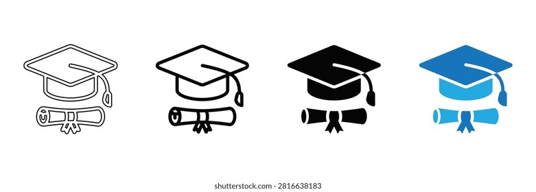 Graduation cap and diploma icon set for education and academic designs