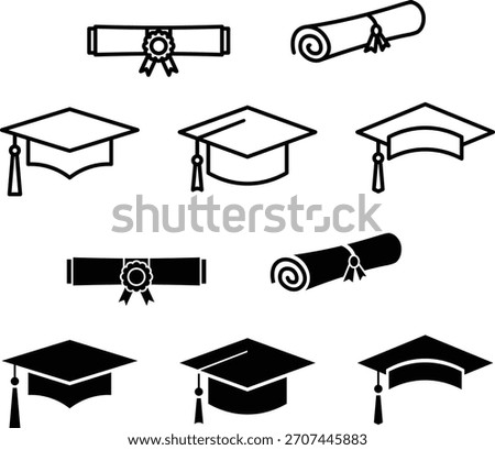 Graduation cap and diploma icon set. College cap or graduate hat symbol. Education, academy, seminar logo. Vector illustration.