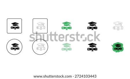 Graduation cap diploma icon set designed in solid line dot pixelated colourful styles for education achievement and success themes.