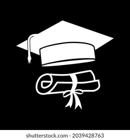 Graduation cap and diploma icon. Graduation cap simple sign.   Graduation cap and diploma isolated on black background. Graduation cap and diploma vector design illustration.