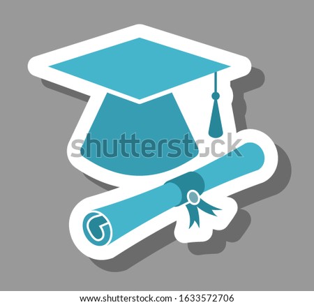 Graduation cap and diploma icon that symbolizes education and qualified staff. All the objects, shadows and background are in different layers. 