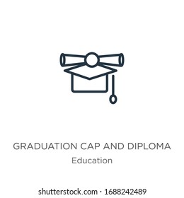 Icono de tapón de graduación y diploma. Icono de esquema de diploma y tapa de graduación lineal delgada aislado en el fondo blanco de la colección de educación. Signo vectorial de línea, símbolo para web y móvil