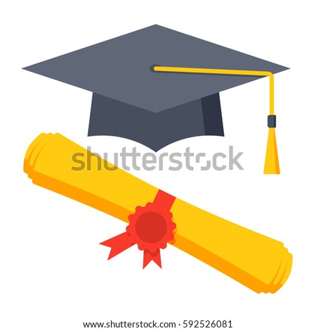 Graduation cap and diploma icon, vector illustration in flat style