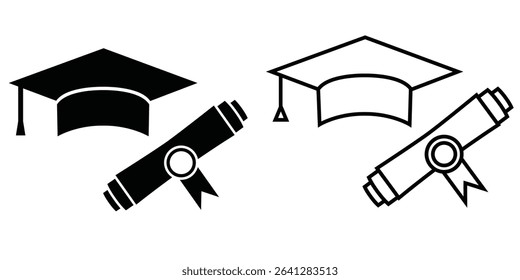 Graduation cap and diploma icons in black and white, representing academic achievement and completion