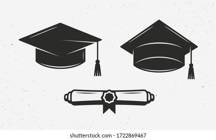 Graduation cap and diploma icons. Graduation ceremony icons set isolated on white background. Vintage design. Vector illustration