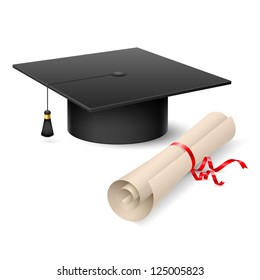 Graduation cap and diploma. Illustration on white background