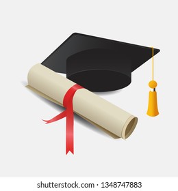 Graduation cap and diploma isolated on a white background. Education concept. Vector illustration can be used for topics like university, graduation, studying
