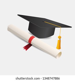 Graduation cap and diploma isolated on a white background. Education concept. Vector illustration can be used for topics like university, graduation, studying
