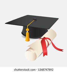 Graduation cap and diploma isolated on a white background. Education concept. Vector illustration can be used for topics like university, graduation, studying
